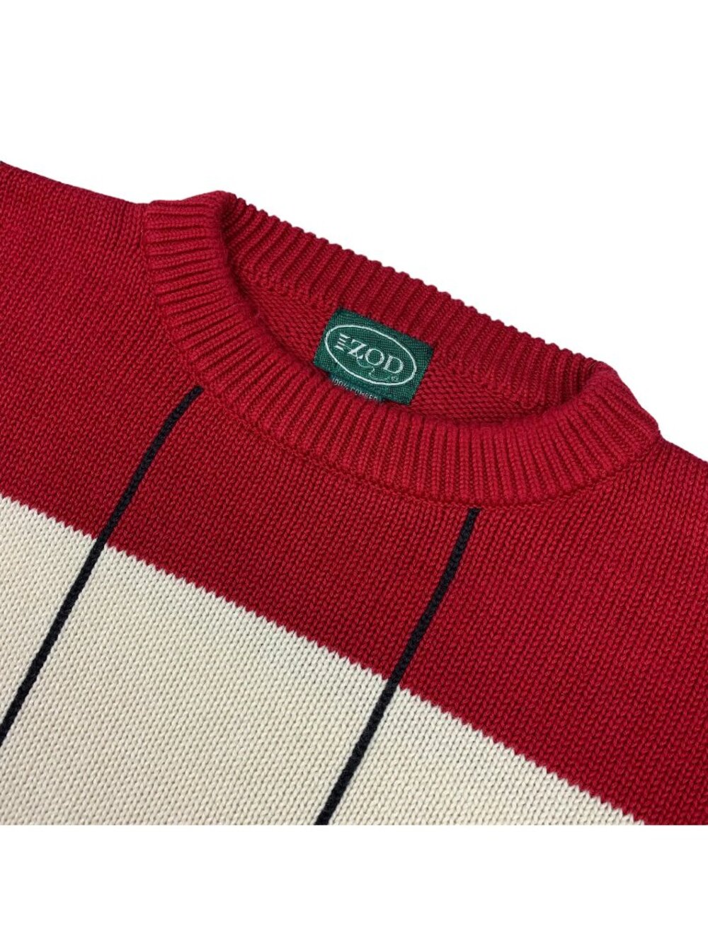 VTG Izod Men's 100% Cotton Crewneck Sweater Ivory/Red/Black Check • XL